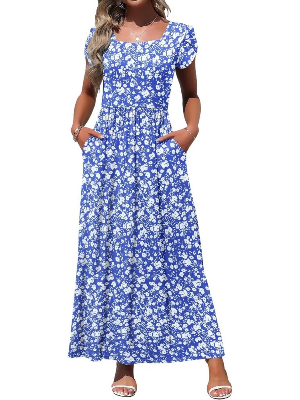 Women's Blue White Square Neck Maxi Dress Petal Short Sleeve Casual Long Dress